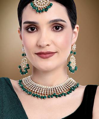 Aheli green indian ethnic kundan pearl fancy bridal traditional necklace jewellery set with earrings 2
