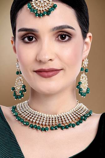 Aheli green indian ethnic kundan pearl fancy bridal traditional necklace jewellery set with earrings