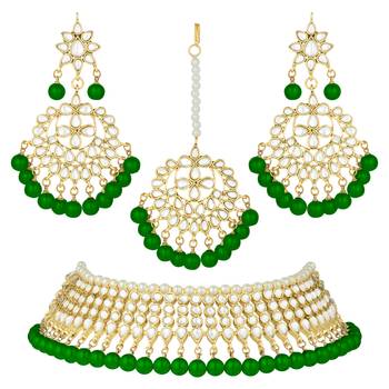Aheli green indian ethnic kundan pearl fancy bridal traditional necklace jewellery set with earrings 3