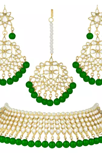 Aheli green indian ethnic kundan pearl fancy bridal traditional necklace jewellery set with earrings