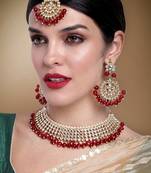 Aheli maroon indian ethnic kundan pearl fancy bridal traditional necklace jewellery set with earrings
