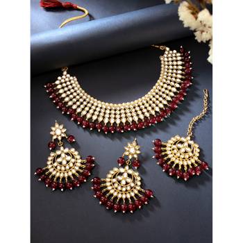 Aheli maroon indian ethnic kundan pearl fancy bridal traditional necklace jewellery set with earrings 2
