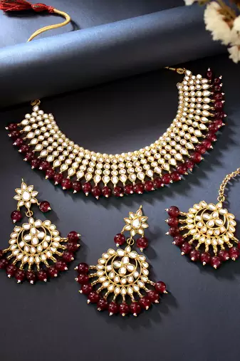 Aheli maroon indian ethnic kundan pearl fancy bridal traditional necklace jewellery set with earrings