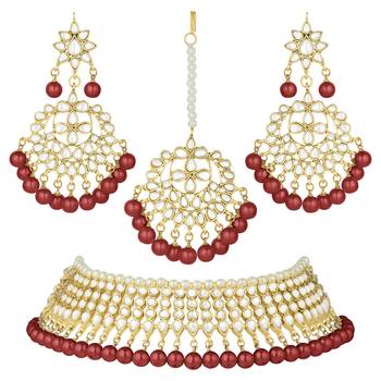 Aheli maroon indian ethnic kundan pearl fancy bridal traditional necklace jewellery set with earrings 4