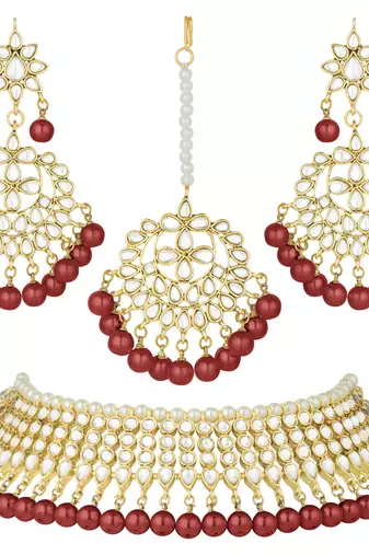Aheli maroon indian ethnic kundan pearl fancy bridal traditional necklace jewellery set with earrings