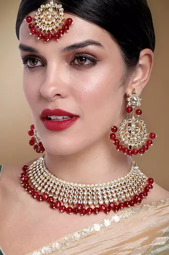 Aheli red indian ethnic kundan pearl fancy bridal traditional necklace jewellery set with earrings