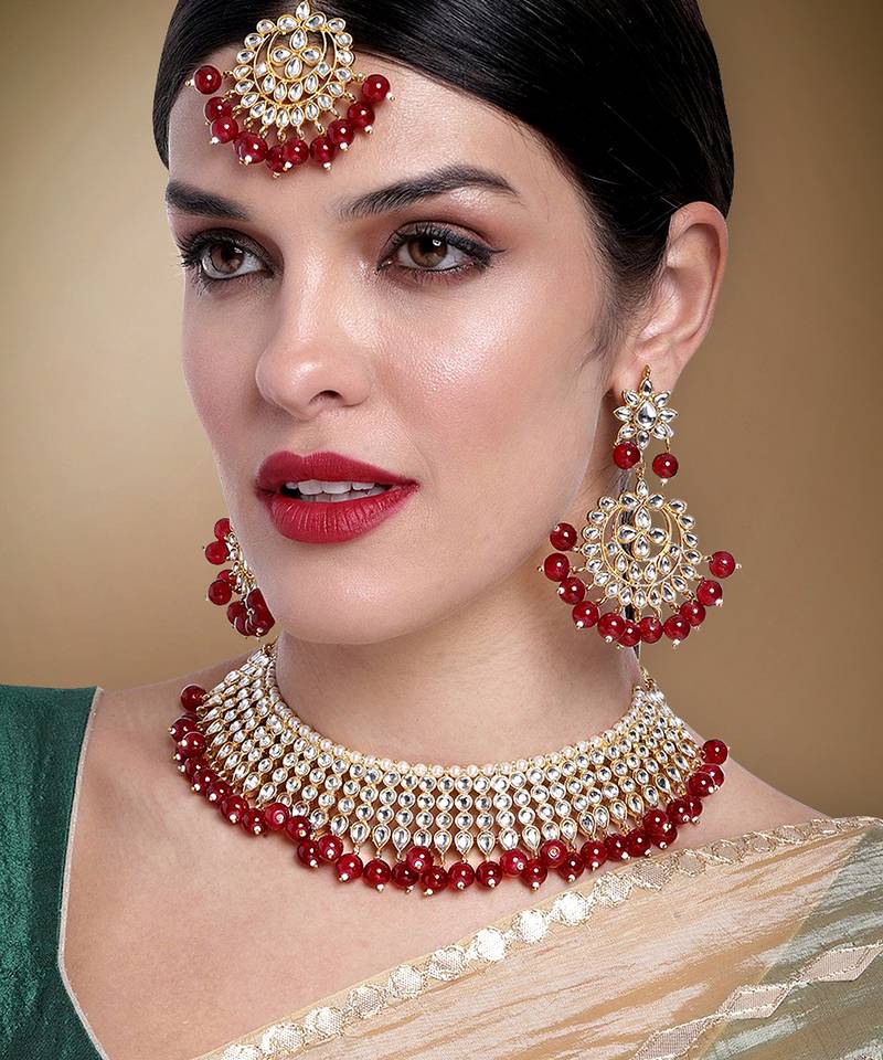 Aheli red indian ethnic kundan pearl fancy bridal traditional necklace jewellery set with earrings