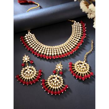 Aheli red indian ethnic kundan pearl fancy bridal traditional necklace jewellery set with earrings 2