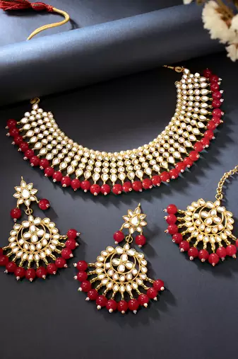 Aheli red indian ethnic kundan pearl fancy bridal traditional necklace jewellery set with earrings