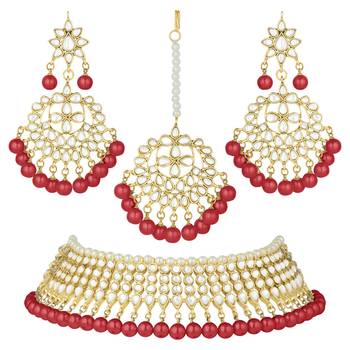 Aheli red indian ethnic kundan pearl fancy bridal traditional necklace jewellery set with earrings 3