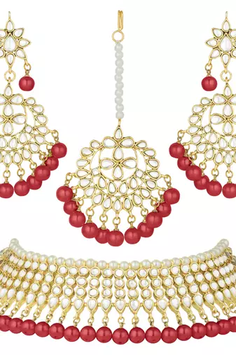 Aheli red indian ethnic kundan pearl fancy bridal traditional necklace jewellery set with earrings