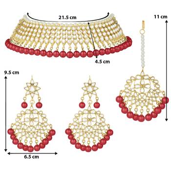Aheli red indian ethnic kundan pearl fancy bridal traditional necklace jewellery set with earrings 4