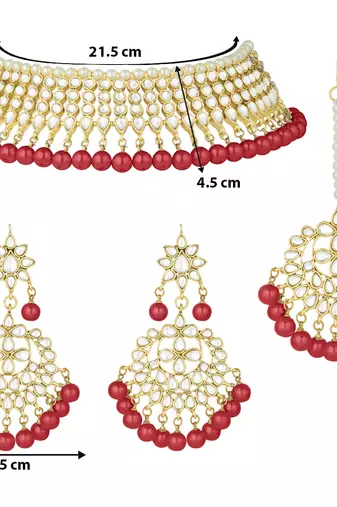 Aheli red indian ethnic kundan pearl fancy bridal traditional necklace jewellery set with earrings