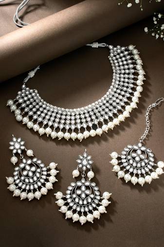 Aheli silver indian ethnic kundan pearl fancy bridal traditional necklace jewellery set with earrings