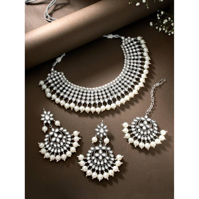 Aheli silver indian ethnic kundan pearl fancy bridal traditional necklace jewellery set with earrings