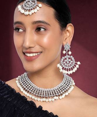 Aheli silver indian ethnic kundan pearl fancy bridal traditional necklace jewellery set with earrings 2
