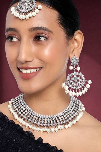 Aheli silver indian ethnic kundan pearl fancy bridal traditional necklace jewellery set with earrings