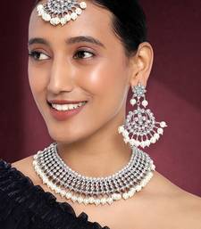Aheli silver indian ethnic kundan pearl fancy bridal traditional necklace jewellery set with earrings