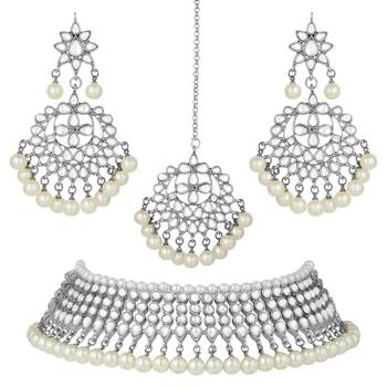 Aheli silver indian ethnic kundan pearl fancy bridal traditional necklace jewellery set with earrings 3