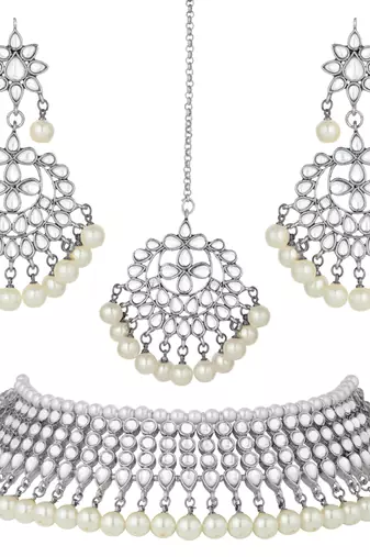 Aheli silver indian ethnic kundan pearl fancy bridal traditional necklace jewellery set with earrings