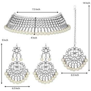 Aheli silver indian ethnic kundan pearl fancy bridal traditional necklace jewellery set with earrings 4