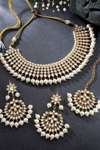 Aheli white indian ethnic kundan pearl fancy bridal traditional necklace jewellery set with earrings
