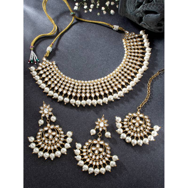 Aheli white indian ethnic kundan pearl fancy bridal traditional necklace jewellery set with earrings