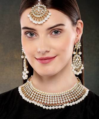 Aheli white indian ethnic kundan pearl fancy bridal traditional necklace jewellery set with earrings 2