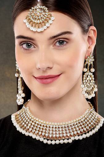 Aheli white indian ethnic kundan pearl fancy bridal traditional necklace jewellery set with earrings