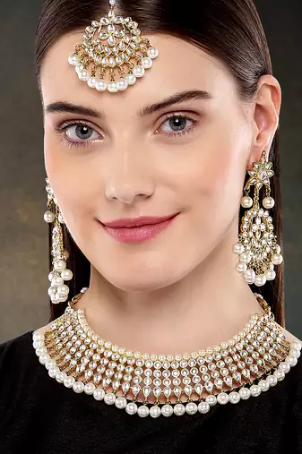 Aheli white indian ethnic kundan pearl fancy bridal traditional necklace jewellery set with earrings