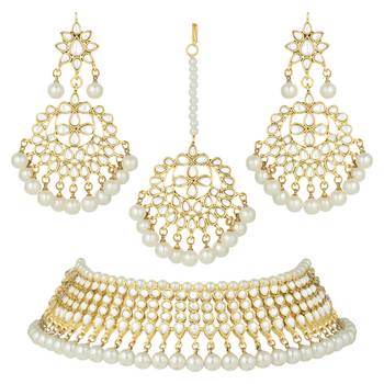 Aheli white indian ethnic kundan pearl fancy bridal traditional necklace jewellery set with earrings 3
