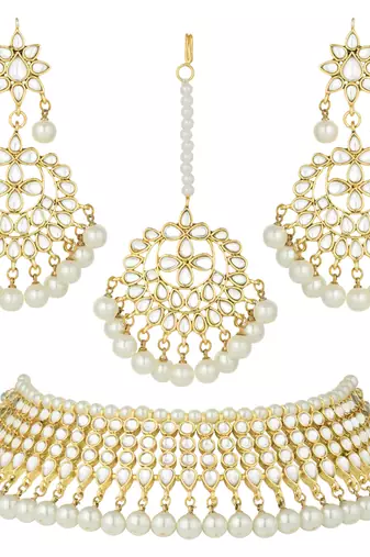 Aheli white indian ethnic kundan pearl fancy bridal traditional necklace jewellery set with earrings