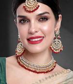 Aheli maroon kundan pearl choker necklace earring mang tikka traditional jewellery set