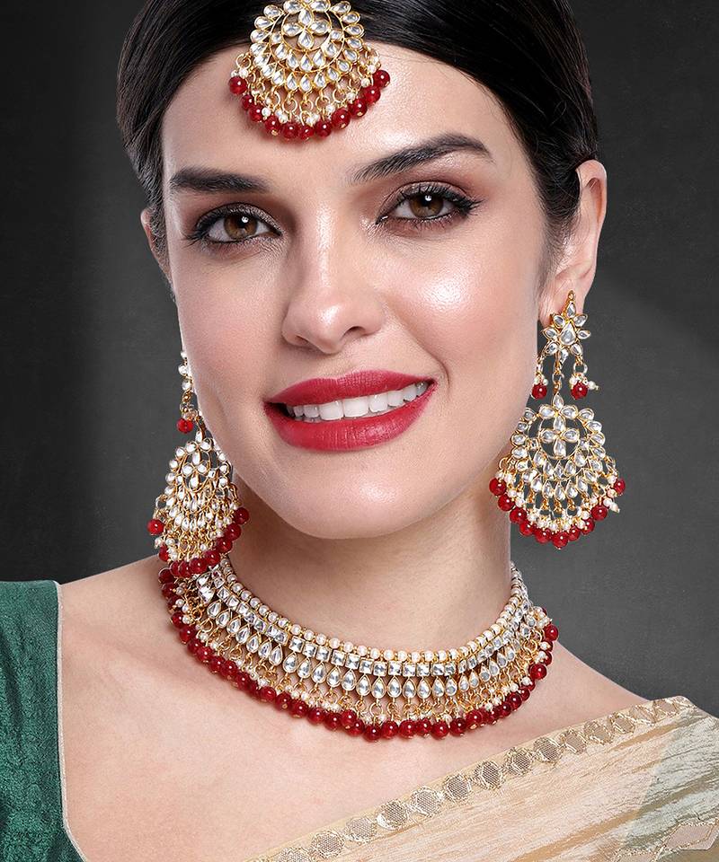Aheli maroon kundan pearl choker necklace earring mang tikka traditional jewellery set