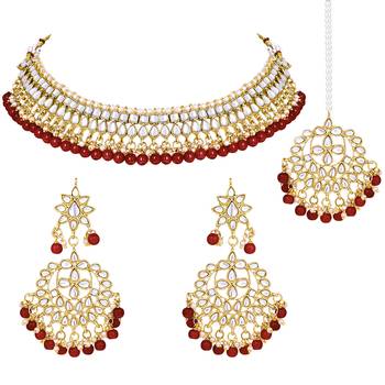 Aheli maroon kundan pearl choker necklace earring mang tikka traditional jewellery set 3