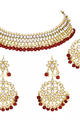 Aheli maroon kundan pearl choker necklace earring mang tikka traditional jewellery set