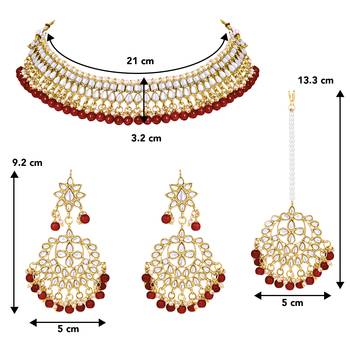 Aheli maroon kundan pearl choker necklace earring mang tikka traditional jewellery set 4