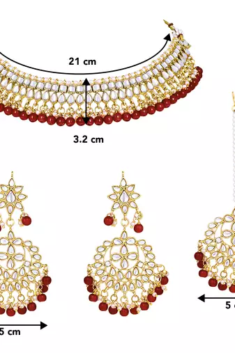 Aheli maroon kundan pearl choker necklace earring mang tikka traditional jewellery set
