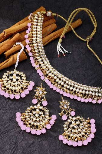 Aheli kundan & purple beads studded choker necklace earring maang tikka traditional jewellery set