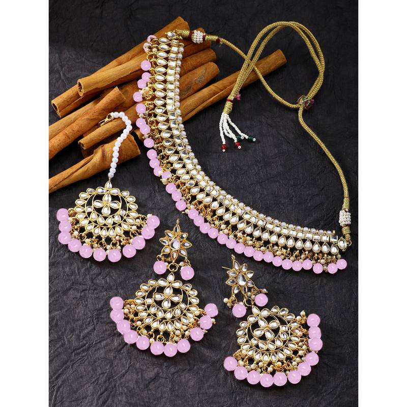 Aheli kundan & purple beads studded choker necklace earring maang tikka traditional jewellery set