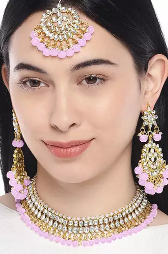 Aheli kundan & purple beads studded choker necklace earring maang tikka traditional jewellery set