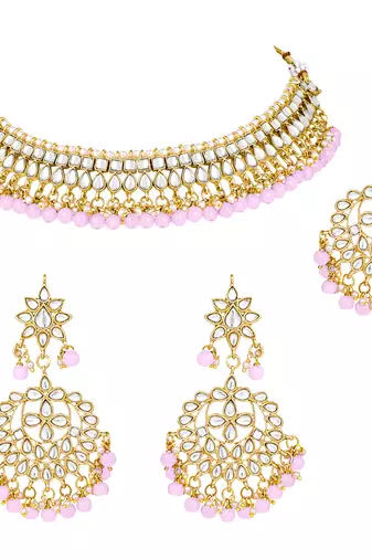 Aheli kundan & purple beads studded choker necklace earring maang tikka traditional jewellery set