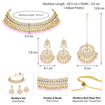 Aheli kundan & purple beads studded choker necklace earring maang tikka traditional jewellery set 4
