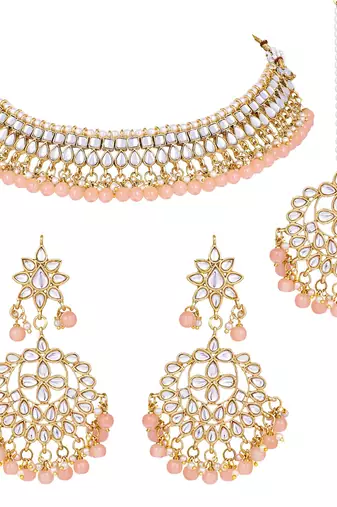 Aheli peach kundan pearl choker necklace earring maang tikka traditional jewellery set for women