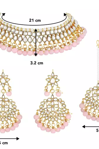 Aheli peach kundan pearl choker necklace earring maang tikka traditional jewellery set for women