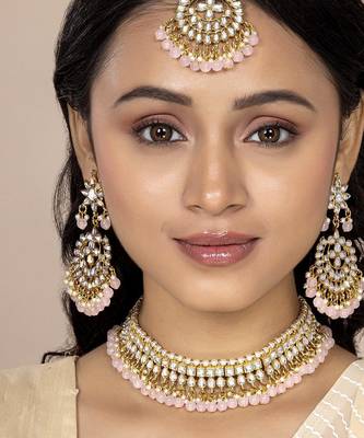 Aheli pink choker necklace earring maang tikka traditional jewellery set gift for women 1