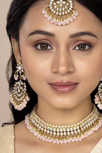 Aheli pink choker necklace earring maang tikka traditional jewellery set gift for women