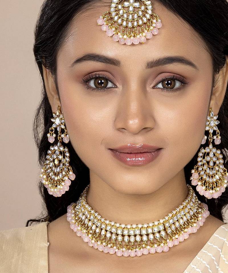 Aheli pink choker necklace earring maang tikka traditional jewellery set gift for women