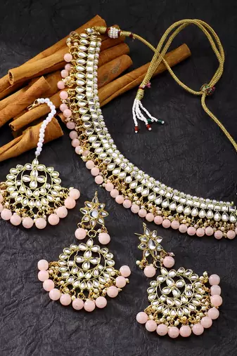 Aheli pink choker necklace earring maang tikka traditional jewellery set gift for women
