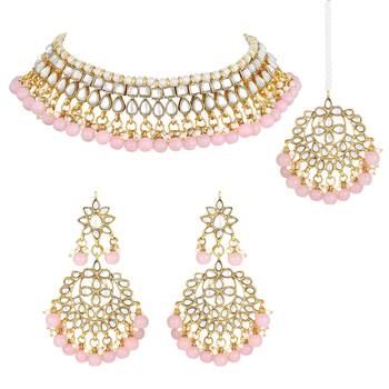 Aheli pink choker necklace earring maang tikka traditional jewellery set gift for women 3